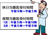 休日当番医受付時間　午前9時～午後5時、夜間当番医受付時間　1次:午後5時～午後10時　2次:午後5時～午前9時